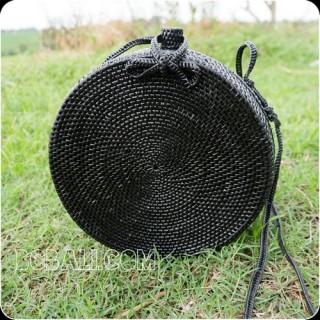 black color ata rattan handbag handwoven handmade circle design